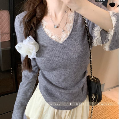 Long Sleeve V-Neck Ribbed Lace Trim Top