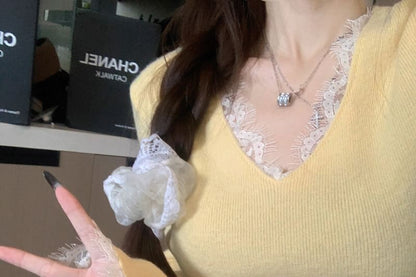 Long Sleeve V-Neck Ribbed Lace Trim Top