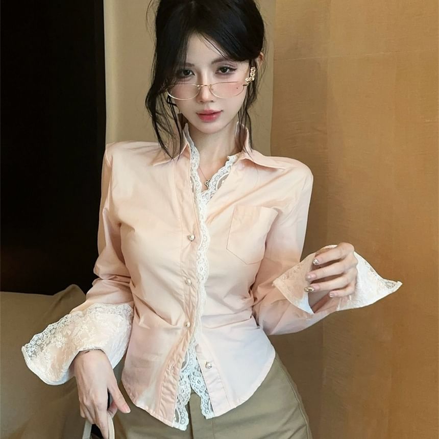 Long Sleeve Slim Fit Lace Panel Shirt