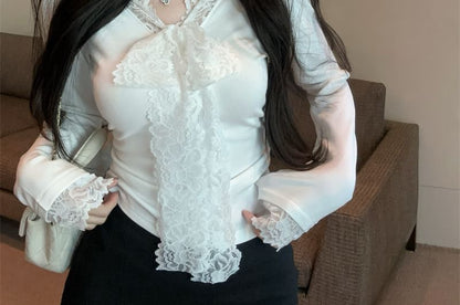 Long Sleeve V-Neck Slim Fit Lace T-Shirt