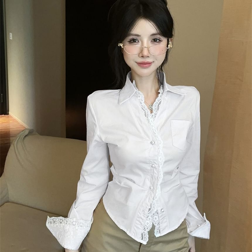 Long Sleeve Slim Fit Lace Panel Shirt