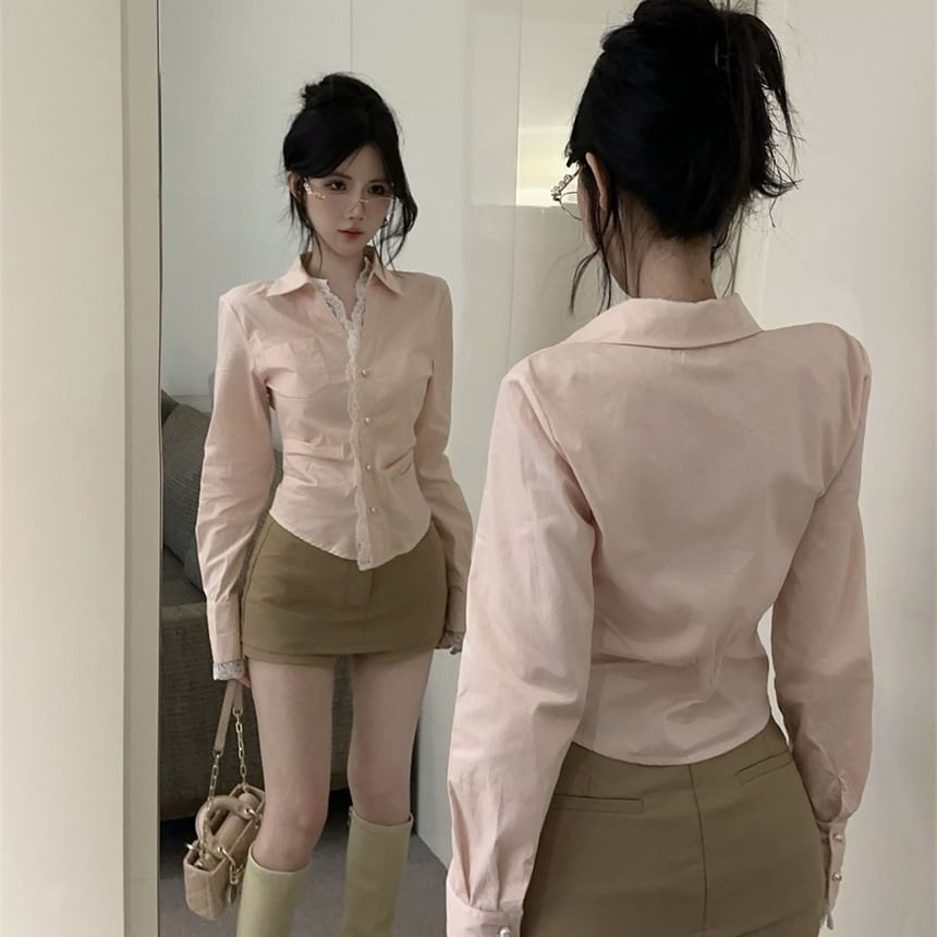 Long Sleeve Slim Fit Lace Panel Shirt