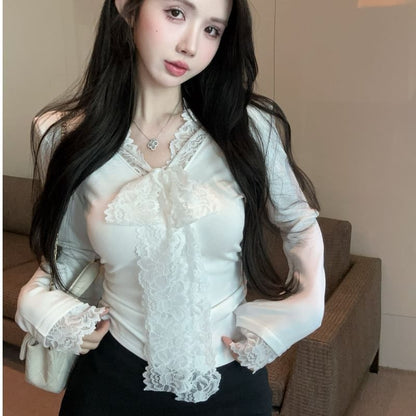Long Sleeve V-Neck Slim Fit Lace T-Shirt