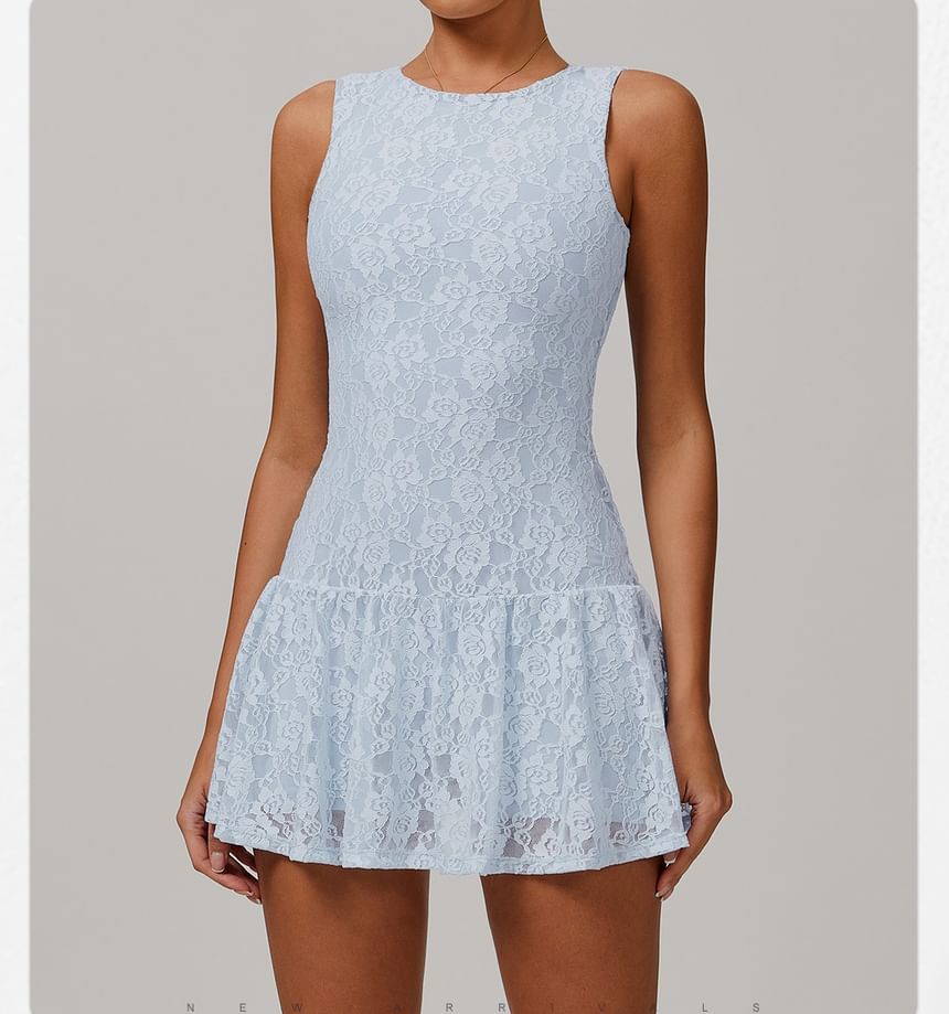 Sleeveless Crew Neck Lace Mini A-Line Sports Dress