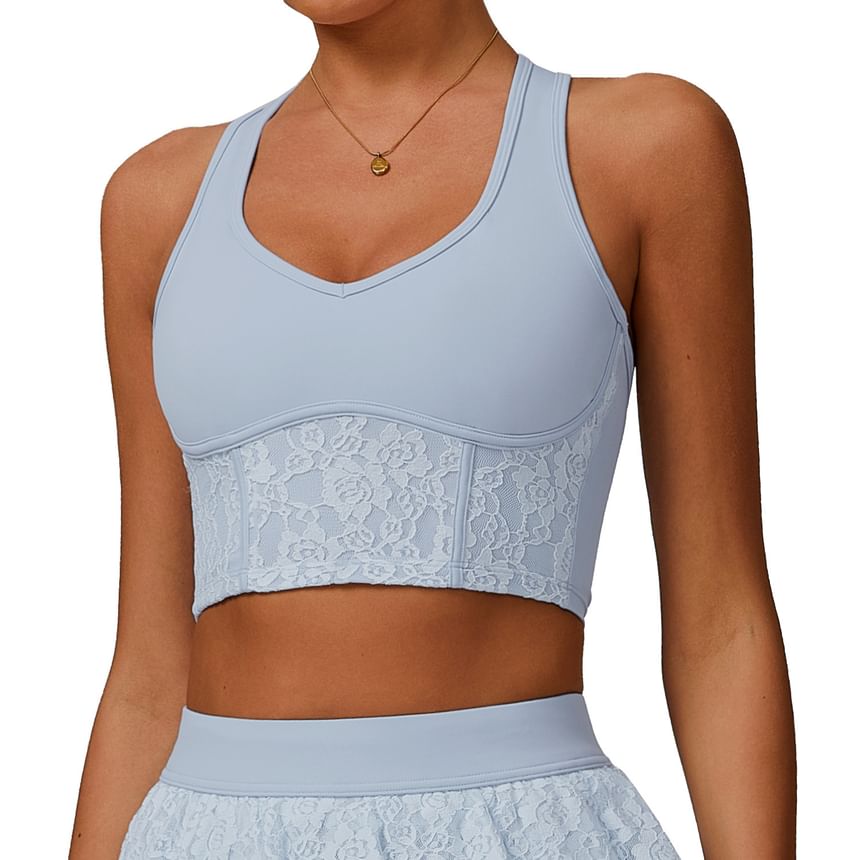 V-Neck Lace Panel Racerback Crop Sports Tank