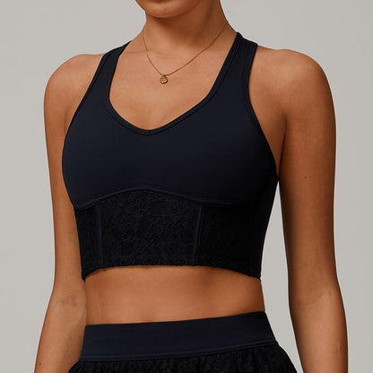 V-Neck Lace Panel Racerback Crop Sports Tank