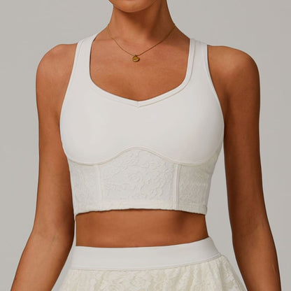 V-Neck Lace Panel Racerback Crop Sports Tank