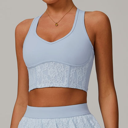 V-Neck Lace Panel Racerback Crop Sports Tank