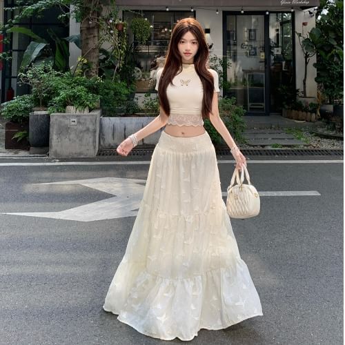 Mock Neck Lace Crop Top & Maxi Skirt Set