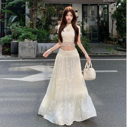 Mock Neck Lace Crop Top & Maxi Skirt Set