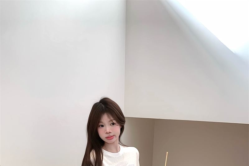 Long-Sleeve Round Neck Printed Tee / High Rise Gingham Lace Trim Midi A-Line Skirt