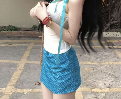 Lace Cami Top & Plaid Mini Pencil Skirt