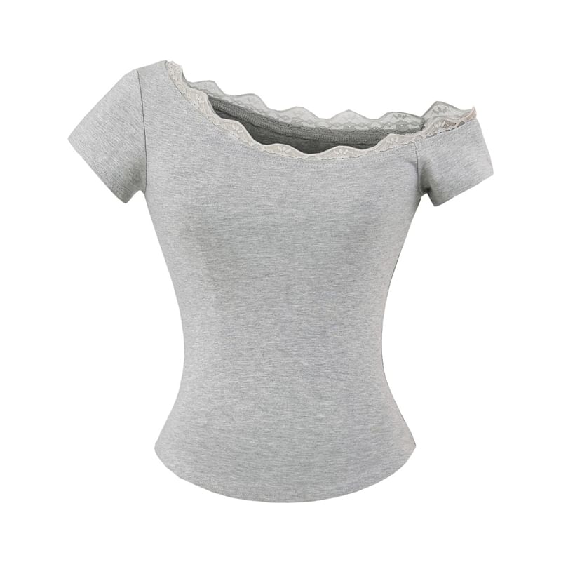 One-Shoulder Short Sleeve Lace Trim T-Shirt