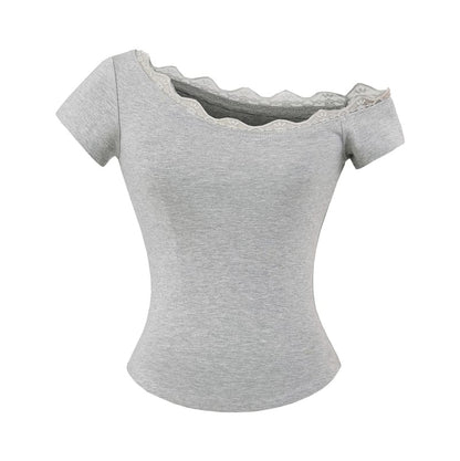 One-Shoulder Short Sleeve Lace Trim T-Shirt