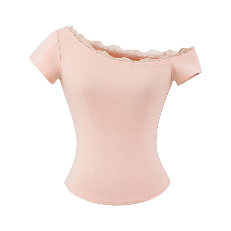 One-Shoulder Short Sleeve Lace Trim T-Shirt