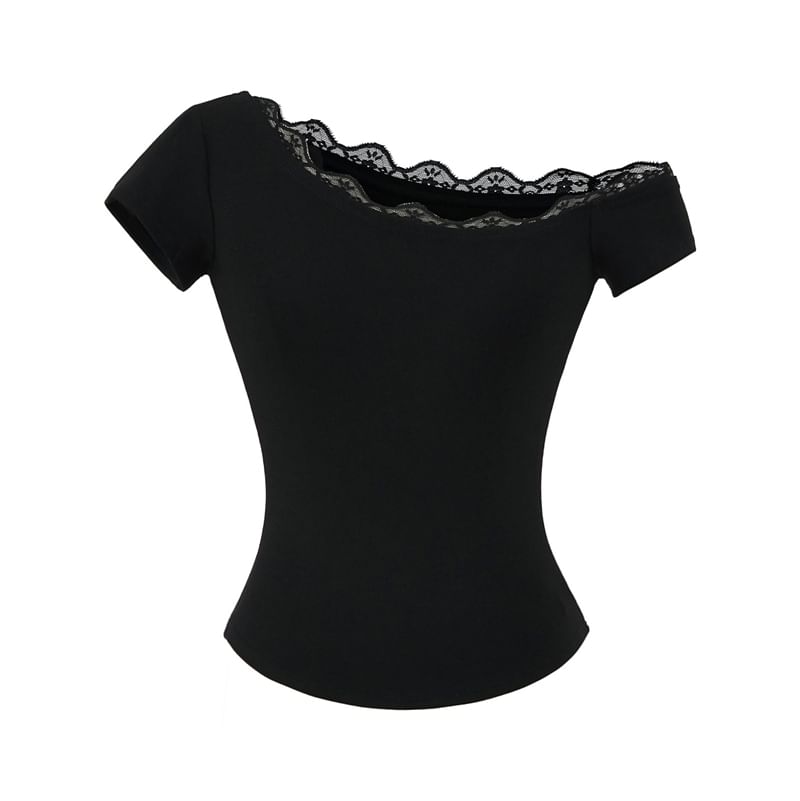 One-Shoulder Short Sleeve Lace Trim T-Shirt