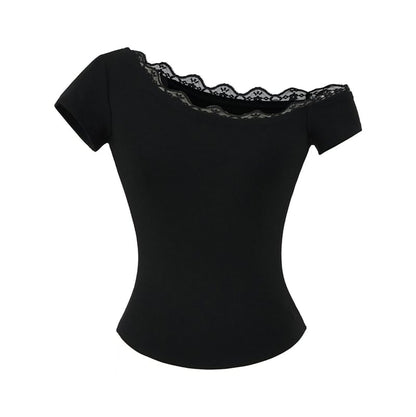 One-Shoulder Short Sleeve Lace Trim T-Shirt