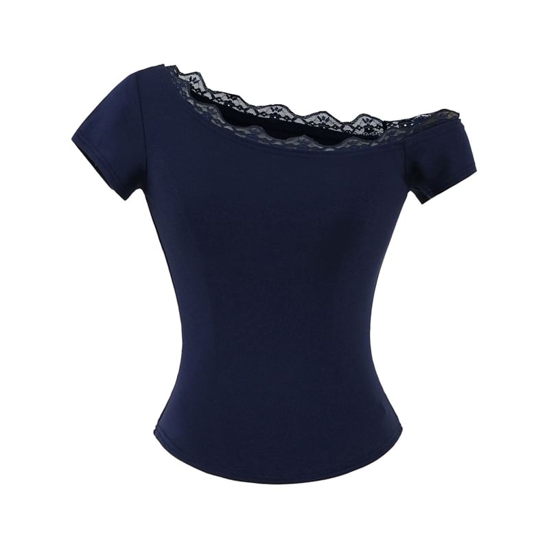 One-Shoulder Short Sleeve Lace Trim T-Shirt