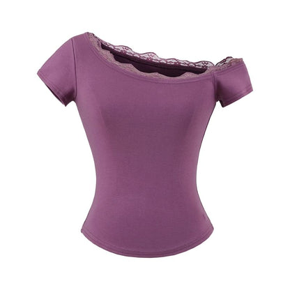 One-Shoulder Short Sleeve Lace Trim T-Shirt