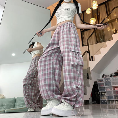 Drawstring Waist Plaid Drawstring Wide Leg Cargo Pants