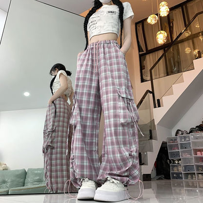 Drawstring Waist Plaid Drawstring Wide Leg Cargo Pants