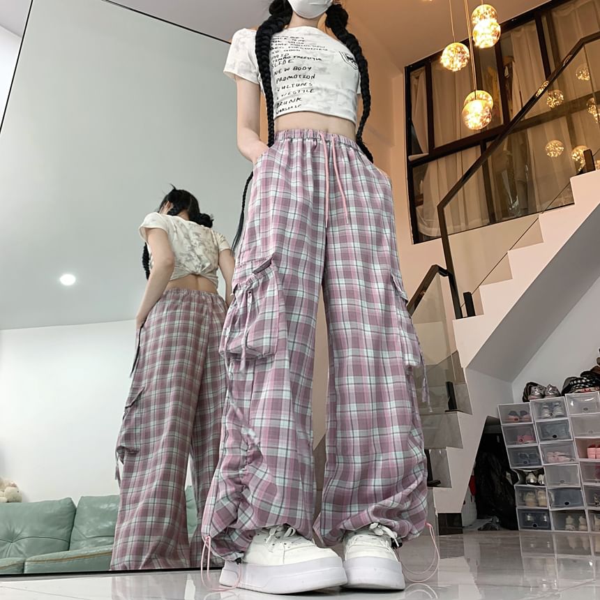 Drawstring Waist Plaid Drawstring Wide Leg Cargo Pants