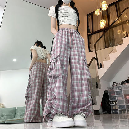 Drawstring Waist Plaid Drawstring Wide Leg Cargo Pants