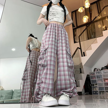 Drawstring Waist Plaid Drawstring Wide Leg Cargo Pants