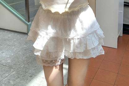 Short-Sleeve Square-Neck Plain Lace Ruffled Tee