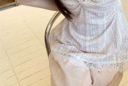 Short-Sleeve V-Neck Striped Knotted Lace Trim Blouse