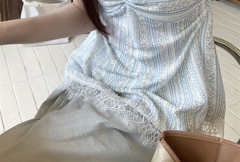 Short-Sleeve V-Neck Striped Knotted Lace Trim Blouse
