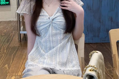 Short-Sleeve V-Neck Striped Knotted Lace Trim Blouse