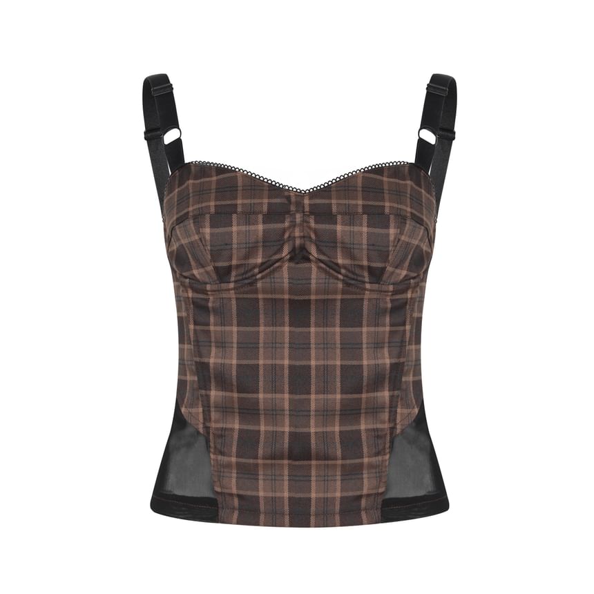 Plaid Lace Cami & Side-Slit Mini Skirt Set