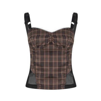 Plaid Lace Cami & Side-Slit Mini Skirt Set