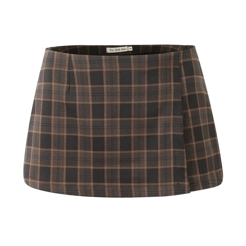 Plaid Lace Cami & Side-Slit Mini Skirt Set