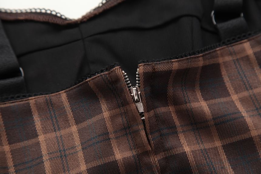 Plaid Lace Cami & Side-Slit Mini Skirt Set
