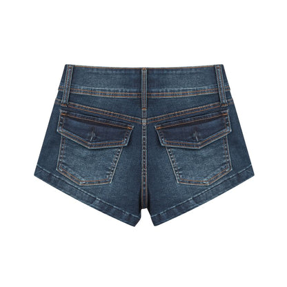 Low Rise Washed Denim Hot Pants
