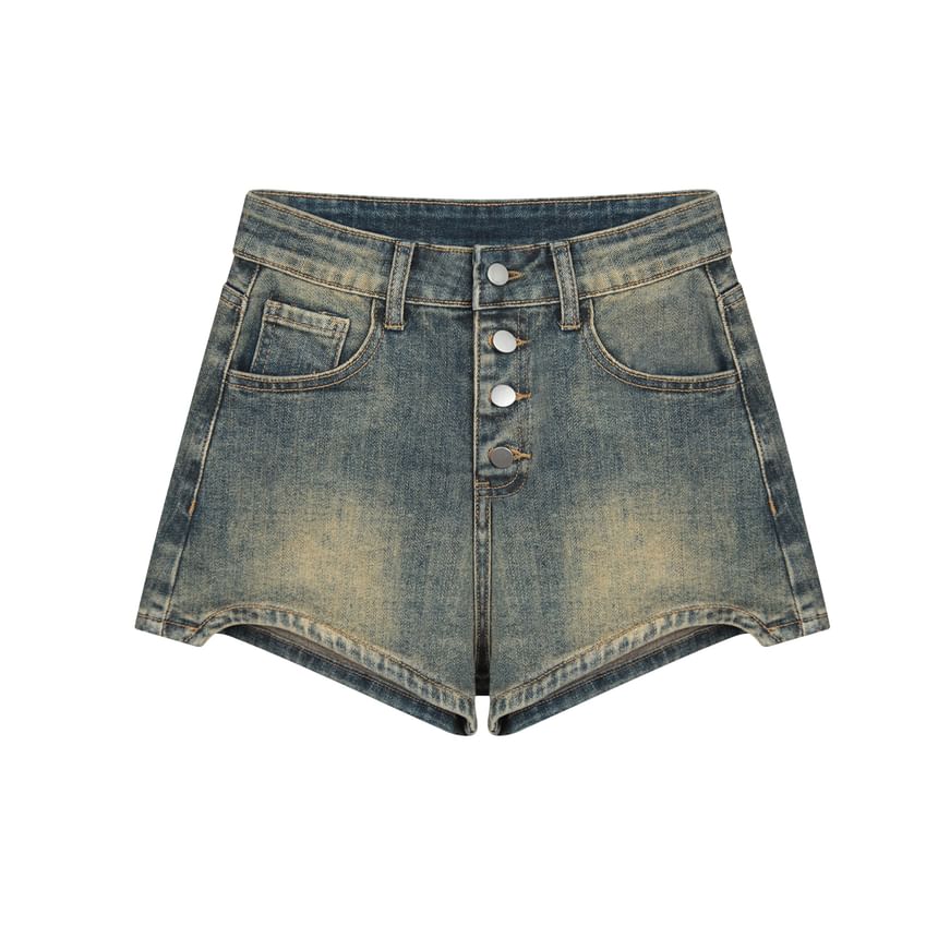 Mid Rise Washed Asymmetrical Denim Hot Pants