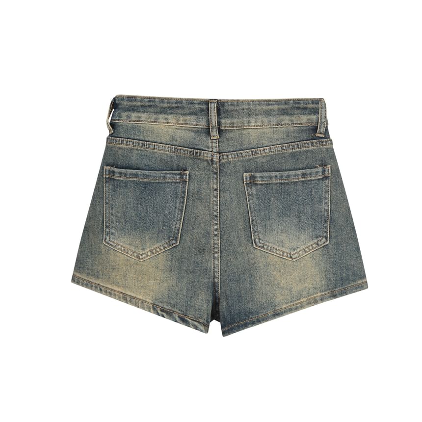 Mid Rise Washed Asymmetrical Denim Hot Pants