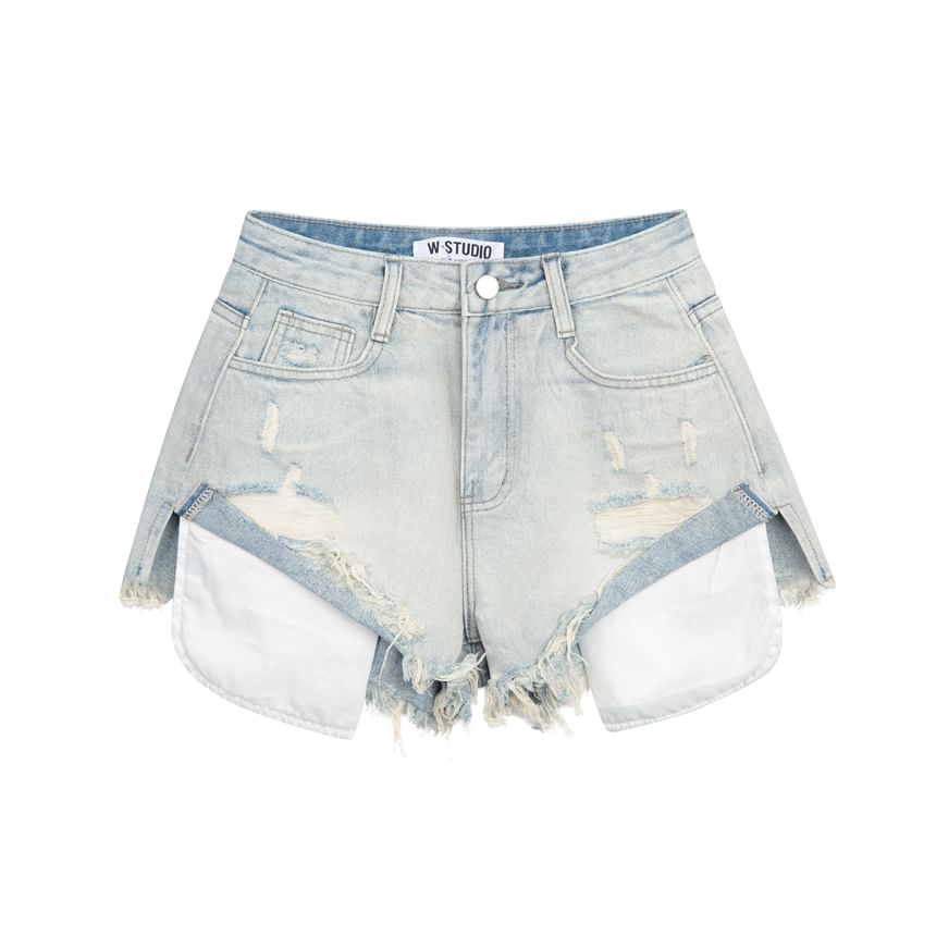 Mid Rise Washed Distressed Denim Hot Pants