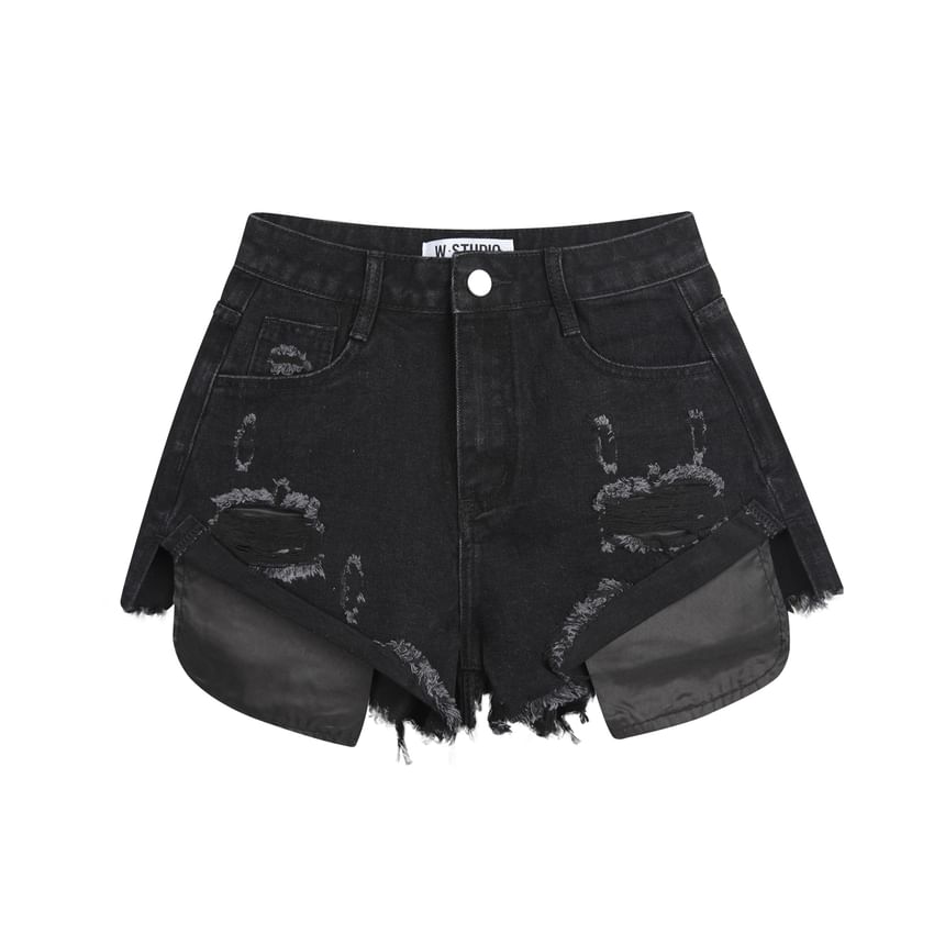 Mid Rise Washed Distressed Denim Hot Pants