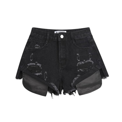 Mid Rise Washed Distressed Denim Hot Pants