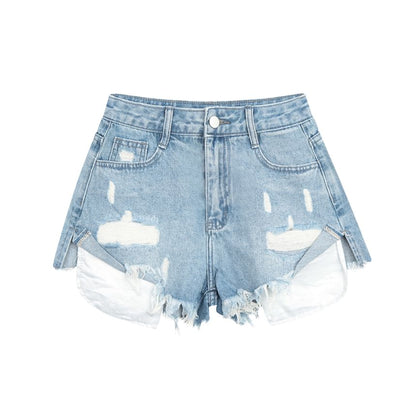 Mid Rise Washed Distressed Denim Hot Pants