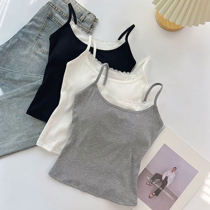 Mock Two-Piece Scoop Neck Lace Trim Padded Open Back Crop Camisole Top