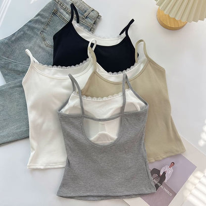 Mock Two-Piece Scoop Neck Lace Trim Padded Open Back Crop Camisole Top