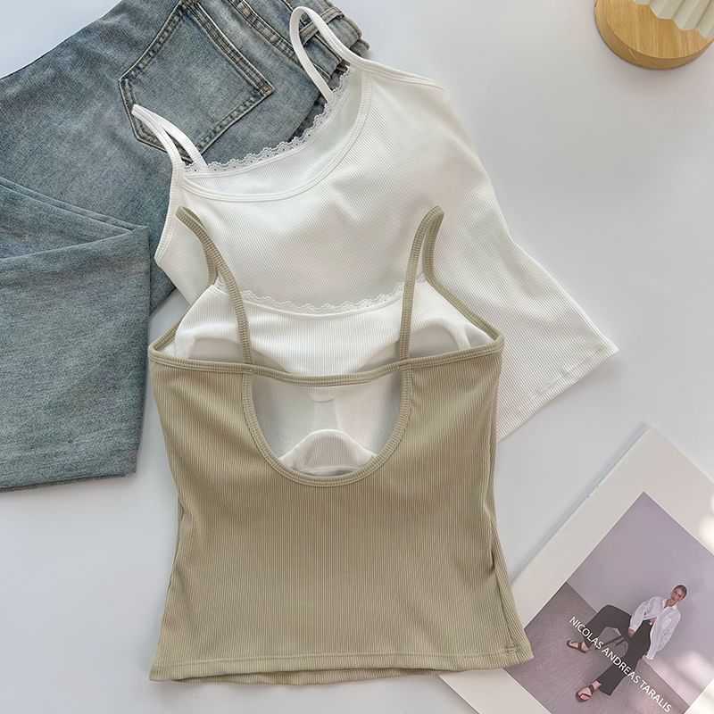 Mock Two-Piece Scoop Neck Lace Trim Padded Open Back Crop Camisole Top