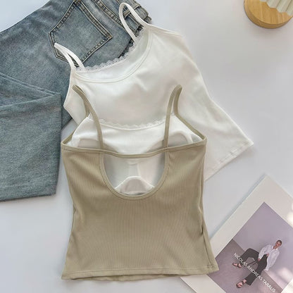 Mock Two-Piece Scoop Neck Lace Trim Padded Open Back Crop Camisole Top