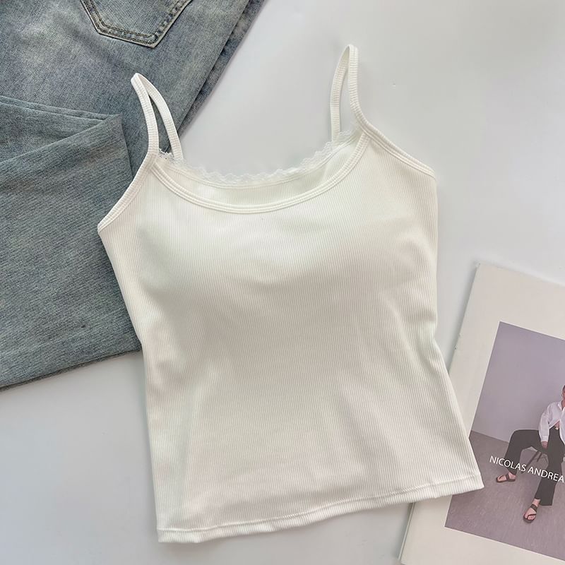 Mock Two-Piece Scoop Neck Lace Trim Padded Open Back Crop Camisole Top