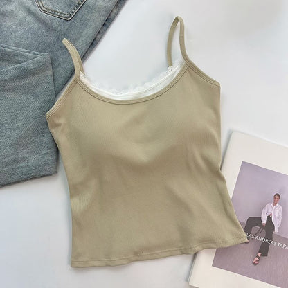Mock Two-Piece Scoop Neck Lace Trim Padded Open Back Crop Camisole Top