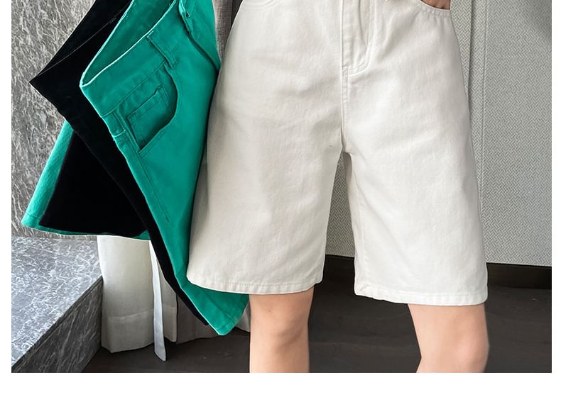 High Waist Plain Denim Bermuda Shorts